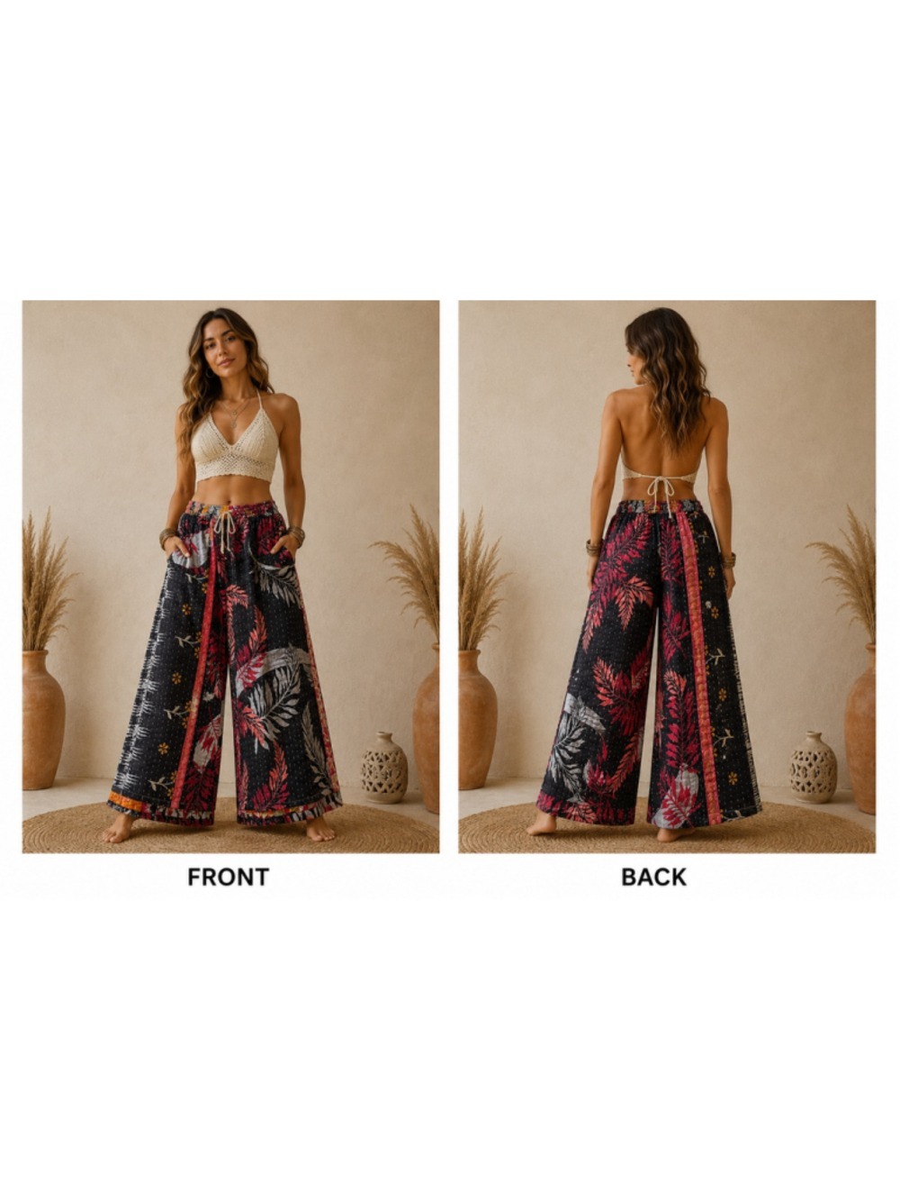 Bohemian Kantha Quilt Reversible Harem Pants / Wide Leg Culottes Pockets OSFM